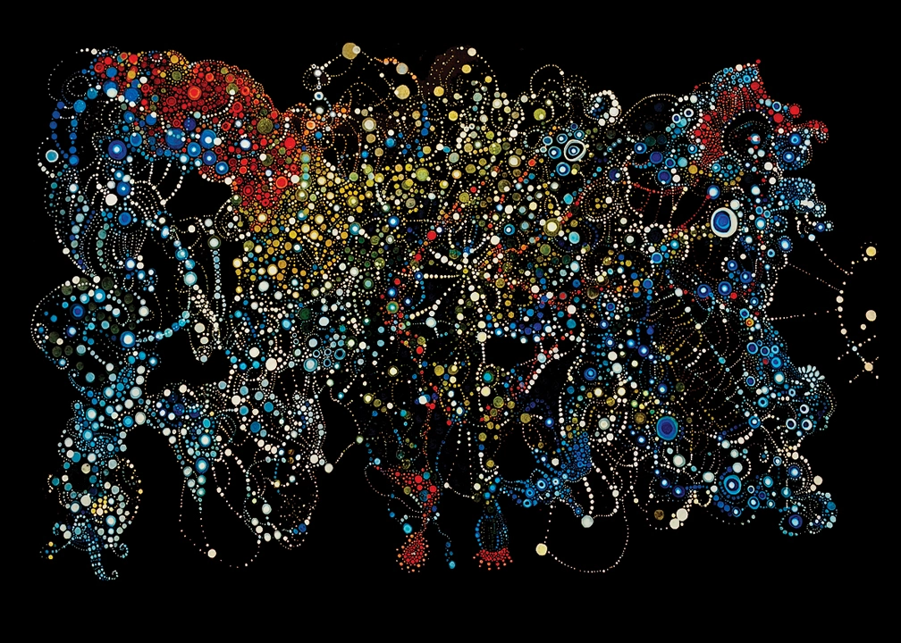 Colorful dot patterns on a black background in Mapping Nature by Callie Hirsch.