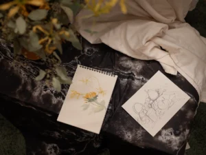 Two open sketchbooks, one with watercolor paintings and one with still-life sketches.