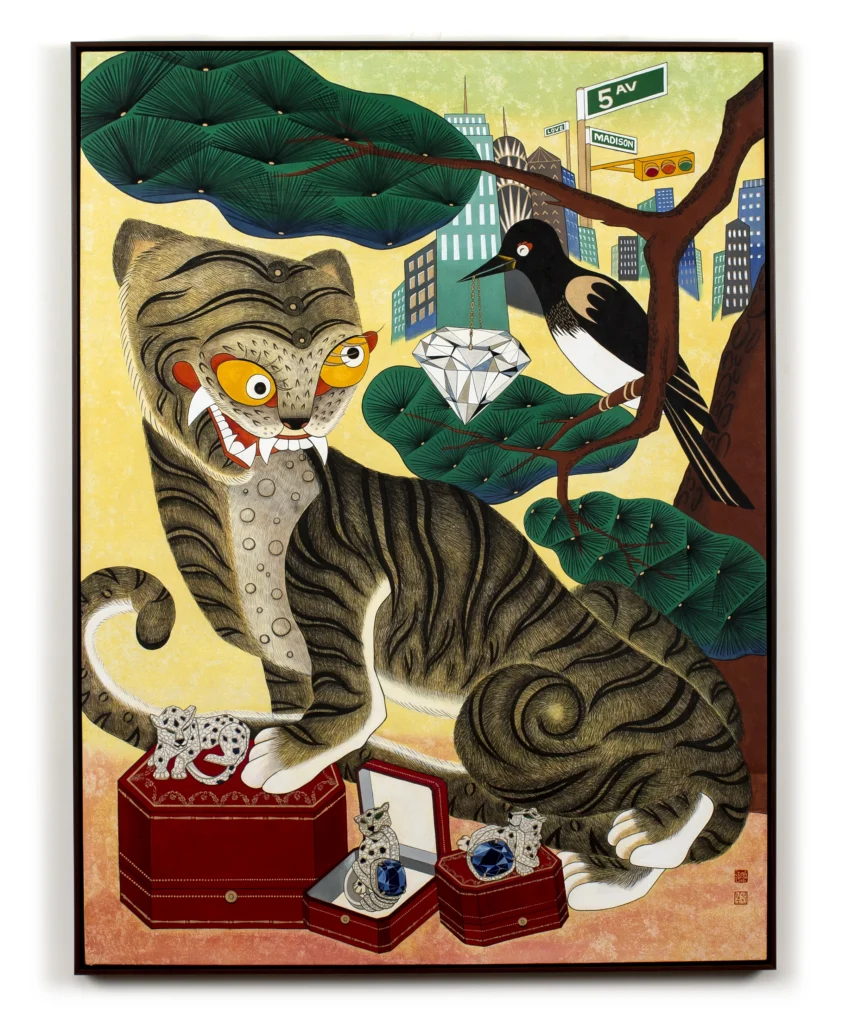A painting with a tiger and a bird, Traditional Wish, by Stephanie S. Lee