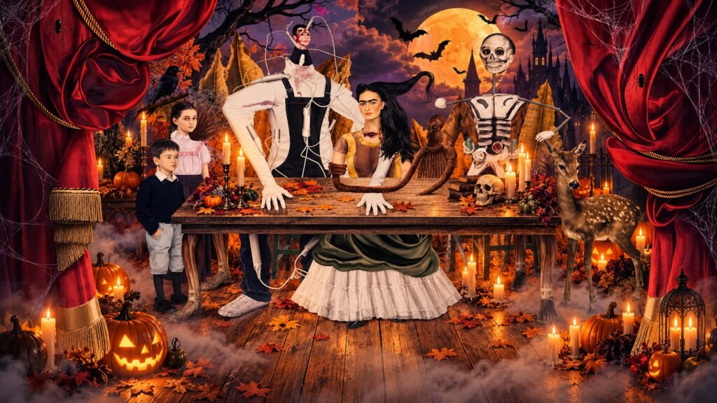 Surreal Day of the Dead scene with Frida Kahlo, skeleton figures, pumpkins, candles, autumn leaves, and a full moon.