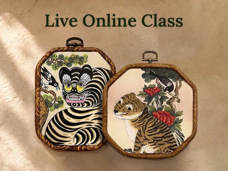 Two framed Korean Minhwa tiger paintings featuring a Big Grin Tiger and a Tiger & Magpie design, with “Live Online Class” text above.